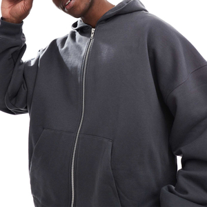 Sudadera con capucha y cremallera para hombre, oversize, gris oscuro, de forro polar, informal, para otoño, corte regular, manga larga, tejida - Product Image 5