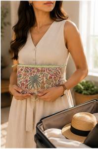 Juego de 3 Bolsas Acolchadas de Lujo Personalizadas, Bolsa de Aseo de Algodón Jaipur con Estampado de Bloques, Organizador de Maquillaje, Estuche de Cosméticos, Kit de Viaje para Mujer - Product Image 3