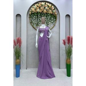 Atractivo Sari de Georgette Listo para Usar con Blusa Cosida con Lentejuelas Color Lavanda - Product Image 1