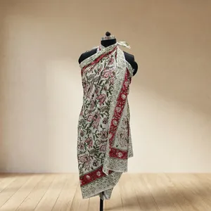 White Floral Hand Block Printed Cotton <b>Saree</b> with <b>Red</b> Border Green Leaf Motifs Traditional Ethnic Wear for Women Styling - Product Image 2