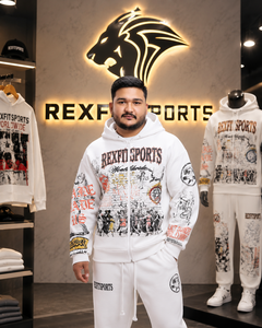 REXFITSPORTS 2026 Ensemble sweat à capuche et pantalon de jogging pour homme, blanc, motif graphique, 280-300 GSM, en molleton de coton et polyester, fermeture éclair intégrale, style streetwear - Product Image 6