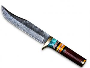 Premium clip <b>profile</b> damascus steel campsite heavy Utility <b>Tool</b> Stacked Turquoise Resin Rosewood Handle Brass Guard - Product Image 4