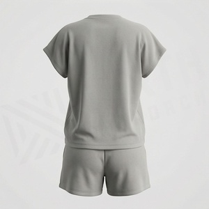 Women's 2 Piece Knitted Shorts <b>Set</b> Solid Gray Short Sleeve Crew Neck Loose Fit Casual Above Knee Breathable Cotton <b>Twin</b> <b>Set</b> - Product Image 2