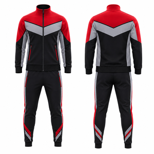 Ensemble de survêtement sportif pour homme, rouge, noir et gris, avec blocs de couleur, fermeture éclair intégrale, respirant, en polyester, pour l'automne, avec poches latérales - Product Image 1