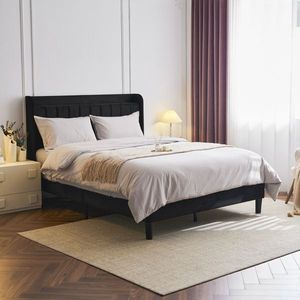 Full-Size Velvet Upholstered Platform Bed with Charging Station Storage Shelf Vertical Channel Tufted Wingback Bed Frame - Product Image 4