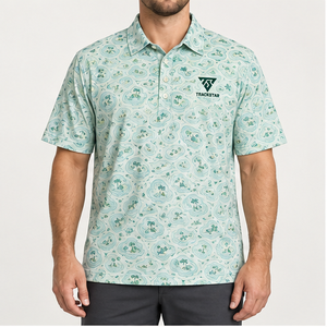 เสื้อโปโลพิมพ์ลายเพสลีย์สีเขียวมิ้นท์สำหรับผู้ชาย แบรนด์ Trackstar แขนสั้น คอปกติดกระดุม สไตล์ลำลอง เหมาะสำหรับตีกอล์ฟ รับสกรีนโลโก้ - Product Image 1