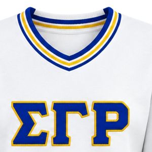 <b>White</b> V-Neck Pullover Sweater with Blue Gold EP Embroidery Long Sleeve Collegiate Knitwear Striped Collar Cuffs and Ribbed Hems - Product Image 2