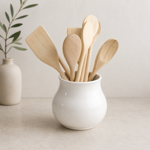 Glossy Porcelain Ceramic Utensil Holder Rounded Belly Design Smooth Finish High <b>Fired</b> Durable Kitchen Counter Storage Organizer - Product Image 1