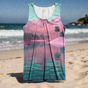 Débardeur pour homme, imprimé montagne et lac rose, col rond, sans manches, décontracté, respirant, polyester, entraînement, sport - Product Image 2