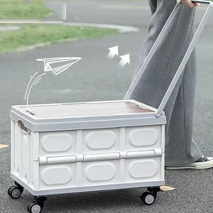 Carrello da Campeggio Pieghevole con Ruote e Coperchio in Legno, Contenitore Portaoggetti Richiudibile - Product Image 2
