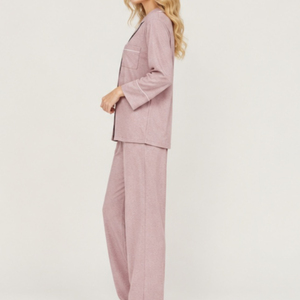 Women's Pink Long Sleeve Satin Pajama Set 100% <b>Silk</b> Full Length Classic Sleepwear with Button Front and Pocket Machine-Washable - Product Image 4
