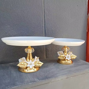Newest <b>Cake</b> Stand Set 1Pcs Resin Gold <b>Flower</b> Base White Plate Heat Resistant Eco-Friendly Dishwasher Safe Hand Wash Only - Product Image 1