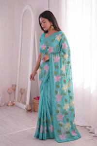 Turquoise Floral Embroidered Silk Saree With Lace Border Traditional Indian Wear For Women Wedding Occasion All Seasons - Product Image 4