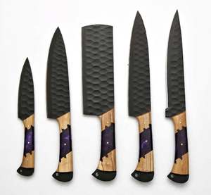 Ensemble de couteaux de cuisine artisanaux 5 pièces en acier à haute teneur en carbone martelé avec manche hybride en résine violette et bois, ensemble de couverts de chef - Product Image 6