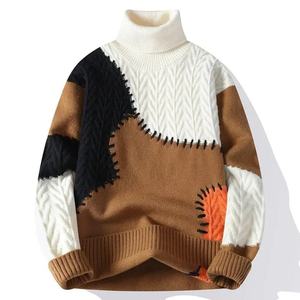 Patchwork Knitted Pullover <b>Sweater</b> <b>Turtleneck</b> Thick Winter Warm Full Sleeve Spliced Design Crew Neck Casual Wear - Product Image 2