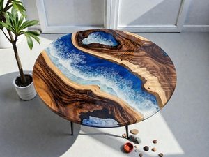 Mesa de centro de olas oceánicas, mesa de epoxi con efecto río, mesa de centro costera, mesa redonda de madera, muebles inspirados en la playa, mesa de centro hecha a mano con temática oceánica - Product Image 3