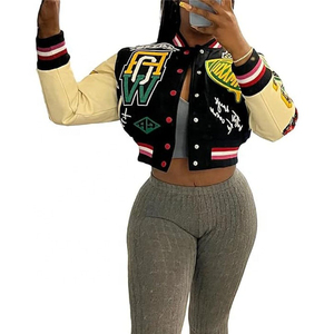 Vestes de baseball courtes en tissu de laine pour femmes, coupe-vent, respirantes, brodées, style shacket - Product Image 4