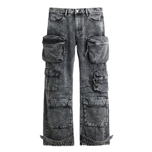 Pantalones Vaqueros Anchos con Parches Cruzados Desgastados, Cintura Media, Corte Holgado, Estilo Hip Hop, Color Sólido, Largos, de Algodón, para Streetwear - Product Image 2