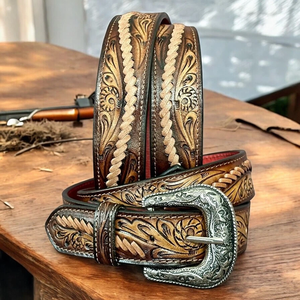 Vintage Western <b>Tooled</b> <b>Leather</b> Belt With Paisley Pattern Silver Buckle Casual Cowhide Belt Durable Hand Painted Design - Product Image 2