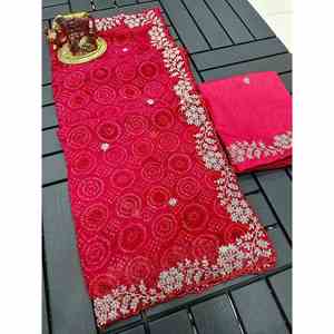 ESTAMPADO BANDHANI CHIFFON FANCY CON PITA WORK SAREE CON BLUSA DESCOSADA ROSA - Product Image 1