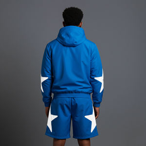 Conjunto Deportivo Personalizado Unisex con Capucha Azul, Parches de Estrellas Blancas, Pantalones Cortos Deportivos de Poliéster de Secado Rápido, Media Manga con Cordón Ajustable - Product Image 5