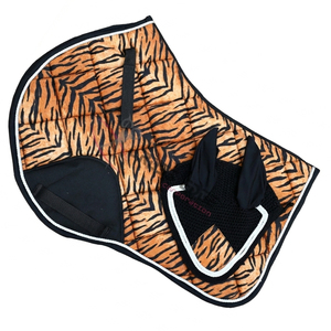 Custom Print Saddle Pad and <b>Fly</b> Veil Set - Diamond Quilted Fabric with white rope piping and Crochet Ear Bonnet by Cross edge - Product Image 1