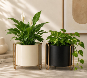 Black and Ivory Metal <b>Planters</b> with <b>Gold</b> Stands Modern Indoor Flower Pots for Elegant Living Room Bedroom Office and Luxury Home - Product Image 1