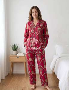 Luxury Maroon Cotton Pajama Set for Women Elegant Floral Pineapple Flock Print Summer Nightwear with Elastic Waist - Product Image 3