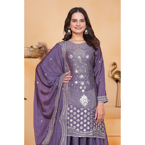 Exclusive chinon silk embroidered salwar suit set with <b>sequins</b> work <b>top</b> palazzo dupatta stitched ethnic festive wear - Product Image 6