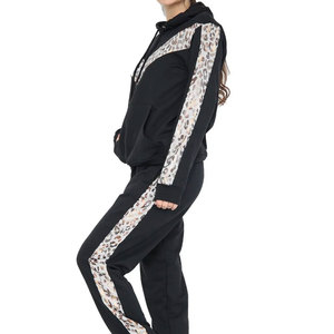 Ensemble de survêtement à capuche imprimé léopard pour femmes, noir, manches longues, coupe ample décontractée avec poches latérales, tenue d'automne - Product Image 3