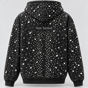 Sweat à capuche zippé pour homme Sam Tactical, noir délavé, style hip-hop, orné de strass et de clous, prix de gros, personnalisation OEM - Product Image 5