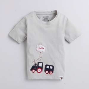 Camiseta Polka Tots Media Manga 100% Algodón Tela Antibacteriana Tren Gris - Product Image 1