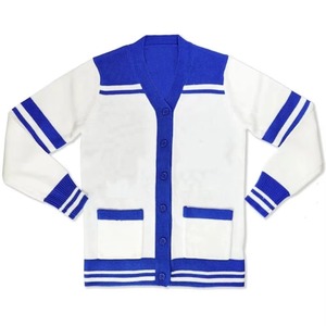 Cárdigan de Mujer con Bloques de Color Blanco y Azul, Cuello en V, Manga Larga, Estilo Preppy, Suéter de Punto con Cierre de Botones, Corte Regular - Product Image 1