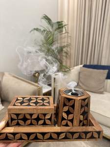 Wholesale Floral Inlay Wood Incense Burner Set Bulk Luxury Mango Wood Bakhoor Censer with <b>Matching</b> Storage <b>Box</b> and Serving Tray - Product Image 6