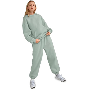 Ensemble survêtement décontracté 2 pièces pour femme, marron, en molleton et élasthanne, avec sweat à capuche et pantalon de jogging, manches longues, coupe ample, couleur unie - Product Image 2