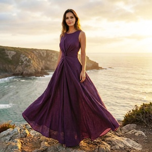 Vestido Midi de Algodón 100% para Mujer, Corte A, Minimalista, con Costura Princesa, Manga Campana, Cintura Alta, Lazo, Transpirable, Ajuste Holgado, Estilo Vintage, Cuello en V - Product Image 1