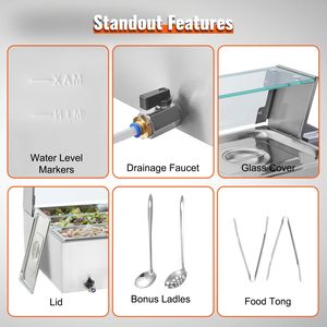 Scaldavivande Elettrico Commerciale a 6 Vasche da 1500W, Bain Marie 6 x 8QT con Coperchio in Vetro, Buffet in Acciaio Inossidabile, Scaldavivande Manuale da Banco - Product Image 6