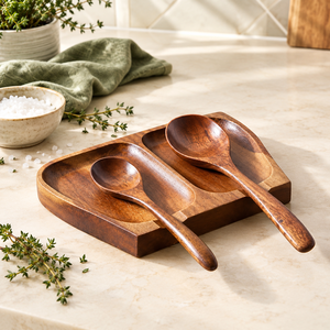 Custom Eco-Friendly Acacia Wood Spoon Rest Tray 2 Matching Reusable Wooden Spoons Natural Kitchen Organizer Dishwasher Safe - Product Image 1
