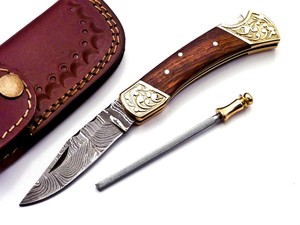 Cuchillo Plegable de Acero de Damasco con Mango de Palisandro y Funda de Cuero, ODM OEM, para Bolsillo, EDC, Caza, Camping, Grado Industrial - Product Image 2