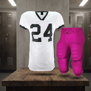 Custom American Football Uniform Set Consisting Of a White Jersey With Black Number "24" And Pink Padded Football Pants. - Product Image 5