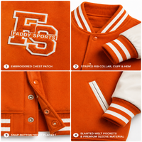 Veste universitaire en laine de haute qualité personnalisée pour hommes et femmes, orange, broderie vintage, patch, veste de baseball, veste bomber, streetwear