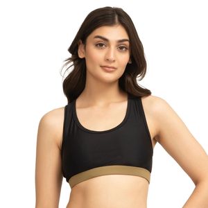 DAPHNIA Soutien-gorge de sport noir pour femme avec bordure contrastante, col ras du cou, dos nageur, maintien moyen, respirant, pour le yoga - Product Image 1
