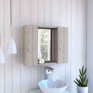 DEPOT E SHOP Armadietto per medicinali a doppia anta grigio chiaro Garnet con un ripiano esterno per mobili da bagno - Product Image 1