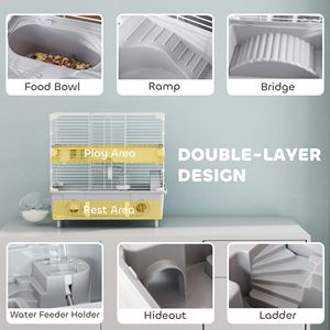 Gabbia a 2 livelli per criceti nani con bagno in sabbia, ruota per esercizio e tubi per borraccia per criceti grigi - Accessori di qualità per animali domestici - Product Image 3