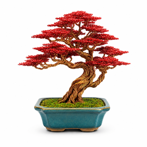 Artificial Wire Bonsai <b>Tree</b> Red Leaves Metal Sculpture Decorative Plant in <b>Blue</b> Pot - Product Image 3
