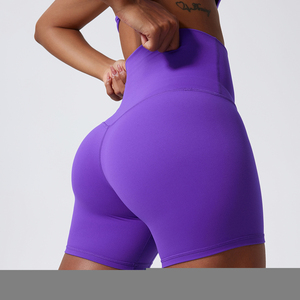 Shorts de yoga taille haute sans coutures pour femme, gris foncé uni, en Spandex et Nylon, avec taille élastique, pour fitness, course et cyclisme, longueur courte - Product Image 4