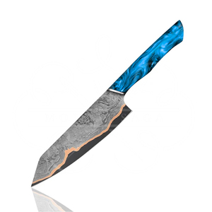 Couteau de cuisine artisanal en cuivre avec manche en bois et résine bleue |   Couteau de chef personnalisé avec étui en cuir - Product Image 1