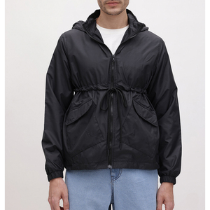 Men's Black Hooded Windproof Blouson <b>Jacket</b> With Adjustable Waist And Zipper Closure Casual Autumn Wear - Product Image 1