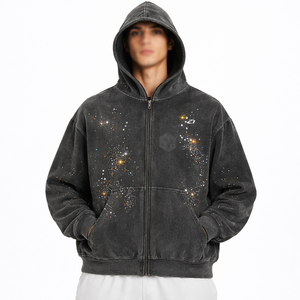 Vintage Wash Zip Up Men Hoodie Cotton Fleece <b>Rhinestone</b> Pattern Hoodies Streetwear Oversized <b>Jacket</b> Bulk Manufacturing - Product Image 1