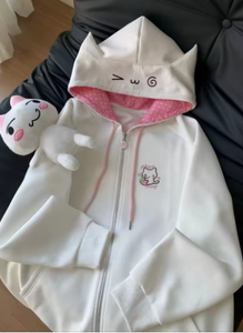 Ropa Cute Hoodies Coats Cartoon Cute <b>Cat</b> Ear Print Hooded Sweatshirts Y2K <b>Tops</b> Women Clothing Casual Zipper Loose New Hoodie - Product Image 1
